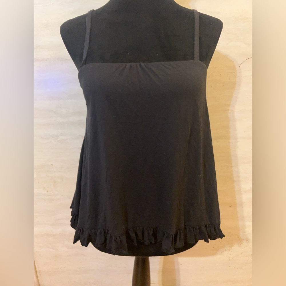 Victoria's Secret Black Ruffle-Hem Spaghetti Strap Camisole, Built-In Bra